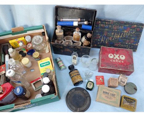 A VINTAGE JAPANNED TIN MEDICAL BOX (with some comentents) and sundry other medical items and old packaging