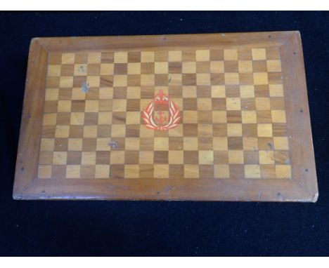 A MARQUETRY ON OAK BOX, WITH PAINTED INSIGNIA 'R.N.B' BETWEEN A CROWN AND ANCHOR, WITHIN A WREATH inscribed inside; 'R T to R