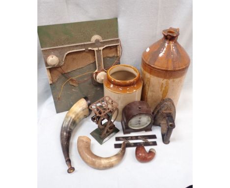 A STONEWARE FLAGON an animal horn, a bakelite clock and sundries