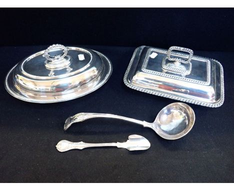 TWO SILVER-PLATED SERVING DISHES AND COVERS a plated Stilton scoop, and a soup ladle