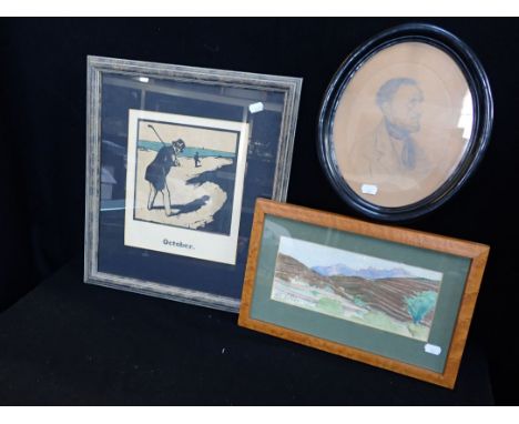 WILLIAM NICHOLSON: 'OCTOBER' (A GOLFER) woodcut 26 x 23cm (visible in mount), a framed continental landscape watercolour, and