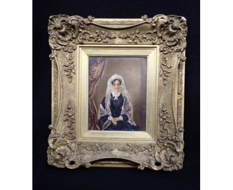 A 19TH CENTURY PORTRAIT OF A LADY IN A LACE BONNET AND SHAWL oil, possibly over aprinted or photographic base, in gilt frame 