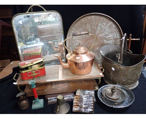 AN EDWARDIAN MIRRORED FIRESCREEN, A COPPER KETTLE and other metalware