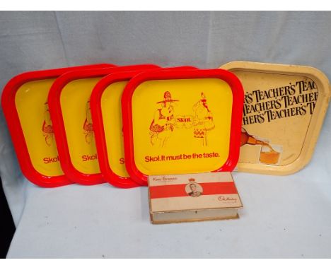 FOUR VINTAGE 1970S 'SKOL' LARGER ADVETISING PUB TRAYS a 'Teacher's Whisky' tray and a 1930s King Edward Chocolate box (6)