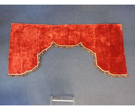 A VINTAGE VELVET CURTAIN PELMET WITH SHAPED EDGE AND COLOURED TASSEL FRINGE 200 cm wide, 97 cm deep incl fringe