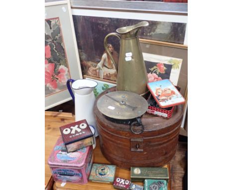 A VICTORIAN HAT TIN Vintage tins, a Salter's scale a collection of cast metal chess pieces, pictures and similar items