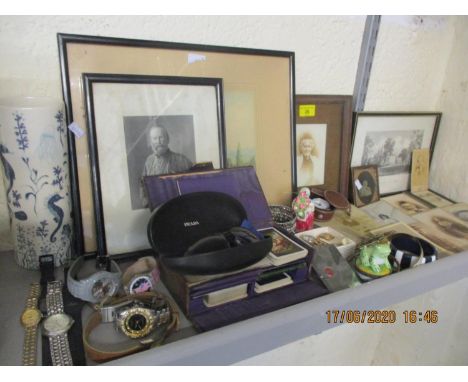 A quantity of vintage photographs and prints, vintage playing cards and modern wristwatches 