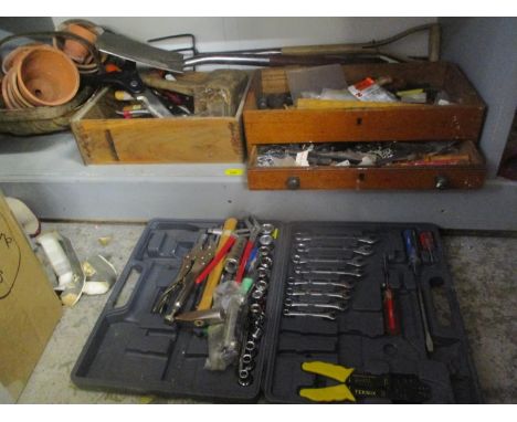 A mixed lot mainly tools to include spanners, hammer, nut and bolts and other items 