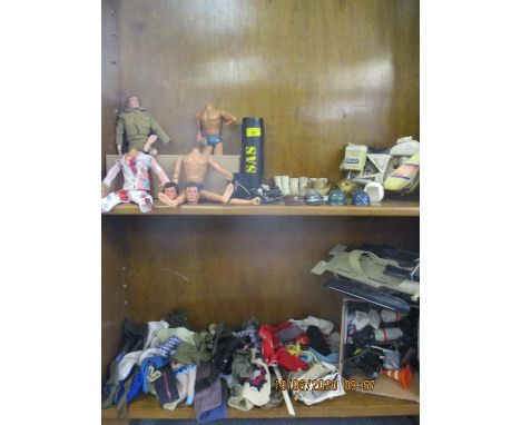 A collection of Action Man figures, accessories and vehicles to include three 1978 dolls, all well played and as found 
