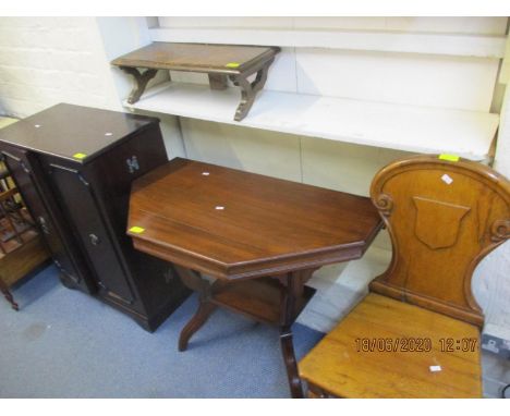 A late 20th century mahogany CD cabinet, a small oak wall shelf, a demi lune table conversion, a mahogany shield back occasio