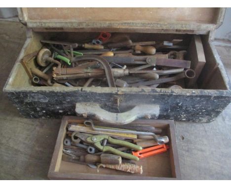 A selection of tools, all contained in a vintage treen tool box 