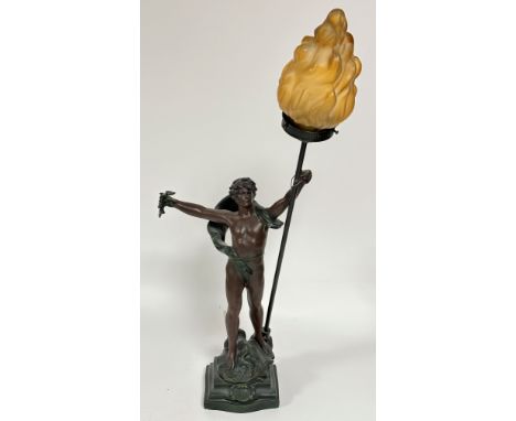 A French late 19thc spelter lamp figure Le Triomphe, one arm out stretched holding an olive branch, thre other a pole and fla