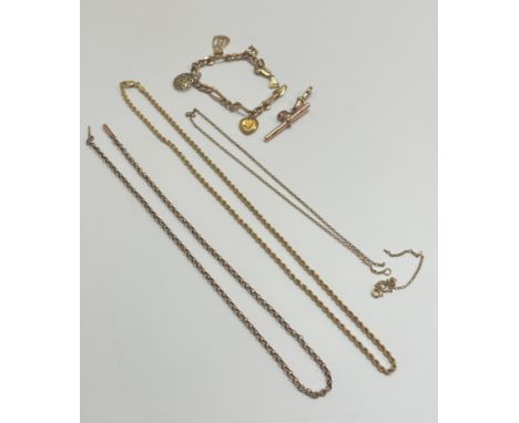 A 9ct gold rope pattern chain necklace, (l x 23cm) a 9ct gold belcher link necklace, (a/f), a 9ct gold trace link necklace, (
