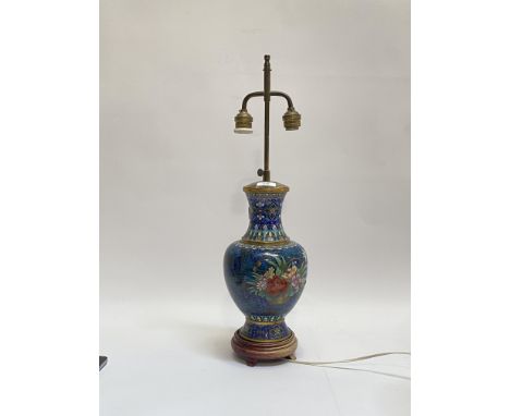 A 20th century / modern Chinese cloisonne rise and fall twin branch lamp with basket of flowers motif, possibly Jingfa, H38cm