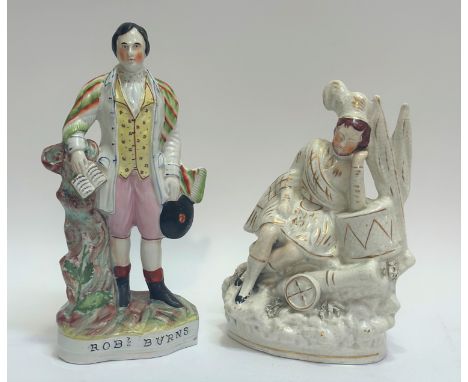 A Staffordshire 19thc flatback figure of Robert Burns decorated with polychrome enamels (h- 34cm) and Staffordshire highland 