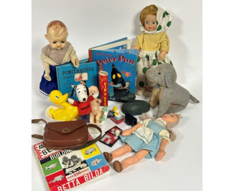 A collection of Vintage children's toys including a 1950's composition doll, two bath time ducks, felt doll, Betta Block buil