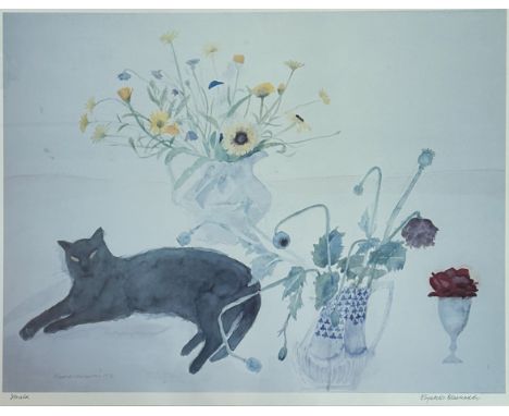 Dame Elizabeth Blackadder RSW ARA, Scottish, (1931-2021) Cat and Flowers, limited edition print 1976, signed in pen bottom an