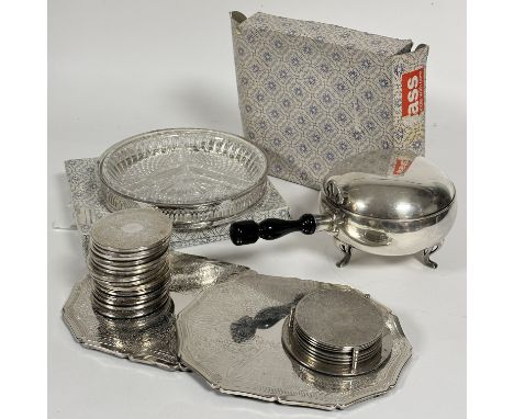 An Epns treen handled circular serving pan on tripod supports, (h x 13 cm d x16 cm), a Cavalier glass and Epns hors-d'oeuvre 