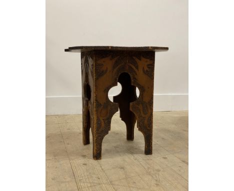 An early 20t century pine lamp table with pokerwork decoration H47cm, W47cm