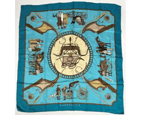 A Vintage Hermes Paris Carrossier silk scarf by LeDoux in shades of cream, tan and teal, signed bottom right and with hand st