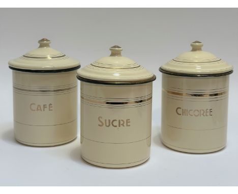 A trio of cream coloured enamel storage jars with cover, titles in gold including Cafe, Sucre and Chicoree. (h- 19cm) (3)