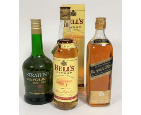 A collection of three blended Scotch whisky including a bottle of Bell's finest old Scotch whisky, a bottle of Strathspey Hig