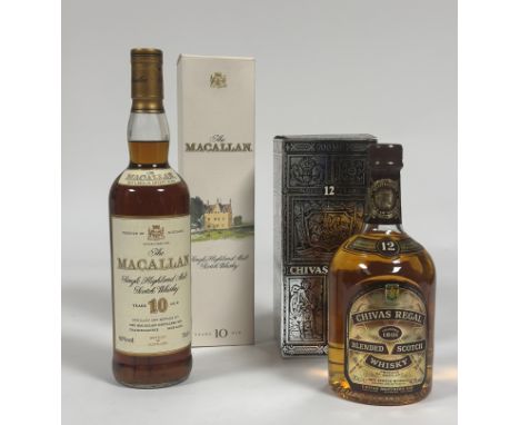 A bottle of Macallan ten year old single Highland Malt whisky complete with box and a bottle of Chivas Regal belnded Scotch w
