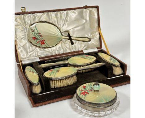 A Birmingham silver guilloche enamelled six piece brush and powder puff dressing table set including a pair of hair brushes, 