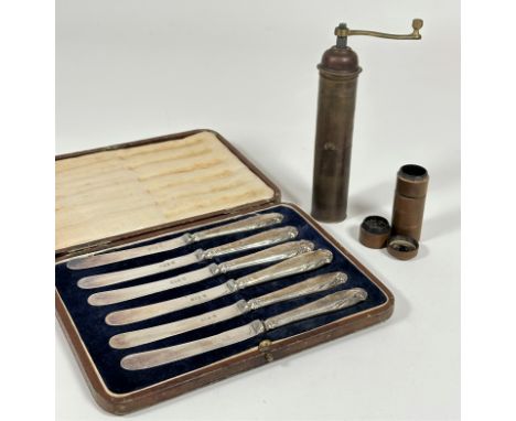 A set of six Sheffield silver handled side knives with Epns blades with original case, (l x 17cm) , a brass cylinder engine t