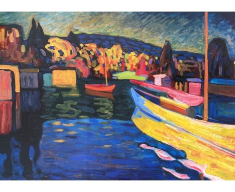 Shore scene with sailboats, print in black glazed frame (a/f) (h x 55cm x l x 75cm)