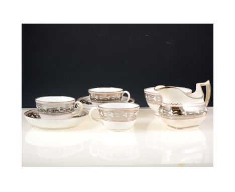 Staffordshire silver lustred part tea service, circa 1820, silver resist banding with floral motifs.