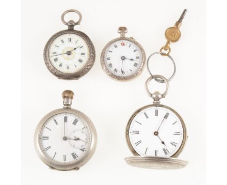 Three silver coloured open faced fob watches, engine turned and engraved design, a full hunter fob watch marked "Fine Silver"