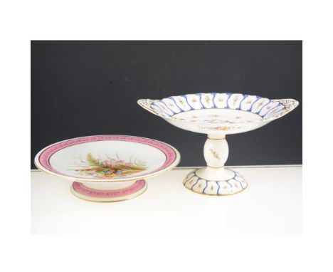 Pair of Royal Worcester comports, dated 1876, decorated with sprays of wild flowers, diameter 24cm and a Coalport part desser