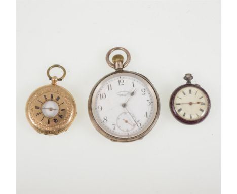 A silver open face pocket watch in an engine turned case, name on dial J Haslehurst Weston S Mare, top wind movement, small w