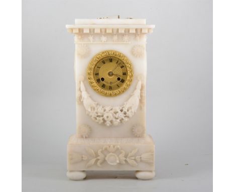 19th Century French alabaster mantel clock, gilt metal dial with Roman numerals, cylinder movement striking on a bell, silk s