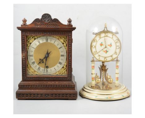 An oak cased mantel clock, German movement; a late 20th Century anniversary clock; a silver plated tray; and a lacquered bras