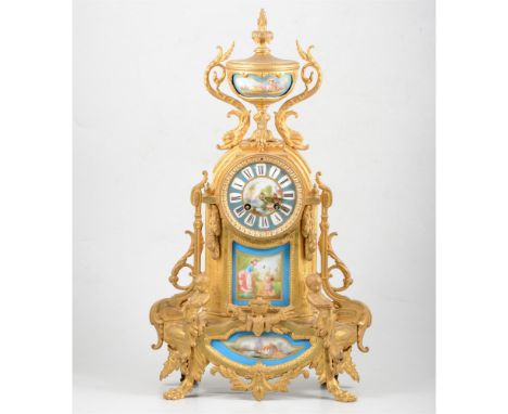 French gilt spelter mantel clock, blue Sevres style panels painted with figures, cylinder movement striking a bell, 50cm high