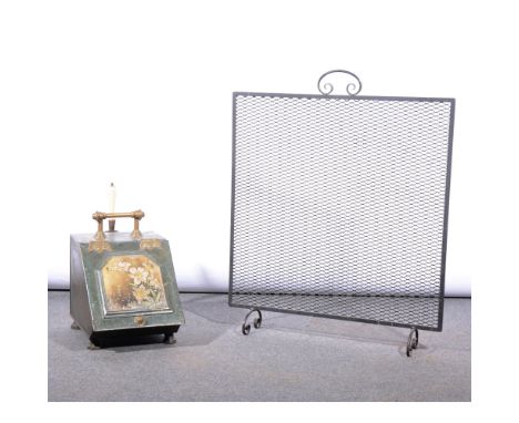 Victorian brass mounted painted tin slope front coal box, width 29cm; and a metal firescreen, (2).