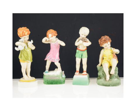 A collection of Royal Worcester figurines, including Days of the Week's Monday Boy and Girl, Tuesday Boy, Wednesday Boy and G