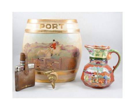 Pair of Staffordshire pottery barrels, "Port" and "Special Extra Scotch" each printed with a hunting scene, 33cm, a Masons Ir