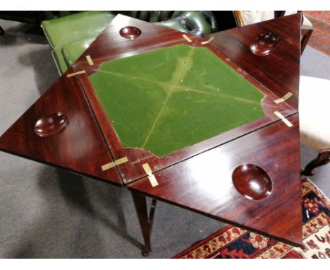 Late Victorian mahogany envelope top card table, baize lined interior, fitted with a single frieze drawer, square tapering le