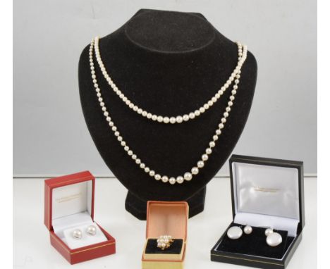 A collection of pearl jewellery, a cultured pearl necklace with one hundred pearls graduating from 3.3m to 7mm, overall lengt