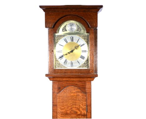 Reproduction oak longcase clock, arched brass dial with silvered chapter ring, German weight driven movement, plain oak case 