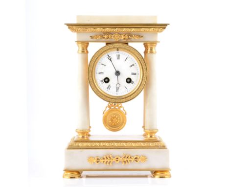 French Second Republic marble and gilt metal portico clock, the drum casing under a pediment supported by Doric columns, plin