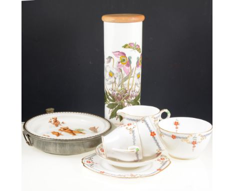 Three trays of ceramics, a Wellington bone china floral tea service, an "English Prince of Wales" baby warming dish depicting