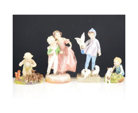 A collection of Royal Worcester figurines, comprising 'Peter Pan' 3011, 'Pansy' 2930, 'Two Babies' 3450, 'Fantails' 3760, 'Yo