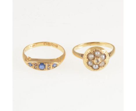 Two vintage rings, a sapphire and diamond boat shape ring in 18 carat yellow gold hallmarked Birmingham 1905, approximate wei