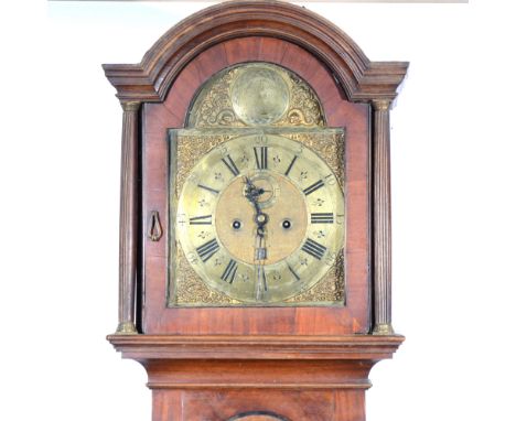 A mahogany longcase clock, arched brass dial signed William Hawkins, Southampton, with subsidiary second dial and date apertu