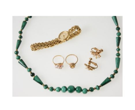 A collection of modern jewellery, a 50cm malachite bead necklace, a lady's Rotary gold-plated bracelet watch, a pair of fresh