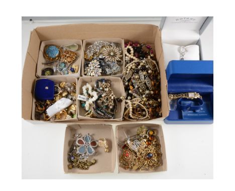 A box of vintage costume jewellery, bead, haematite, and simulated pearl necklaces, paste set brooches, earrings, micro mosai